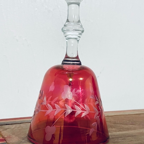 Vintage Dinner Bell Cranberry Ruby Red Etched Floral Glass - Picture 11 of 12